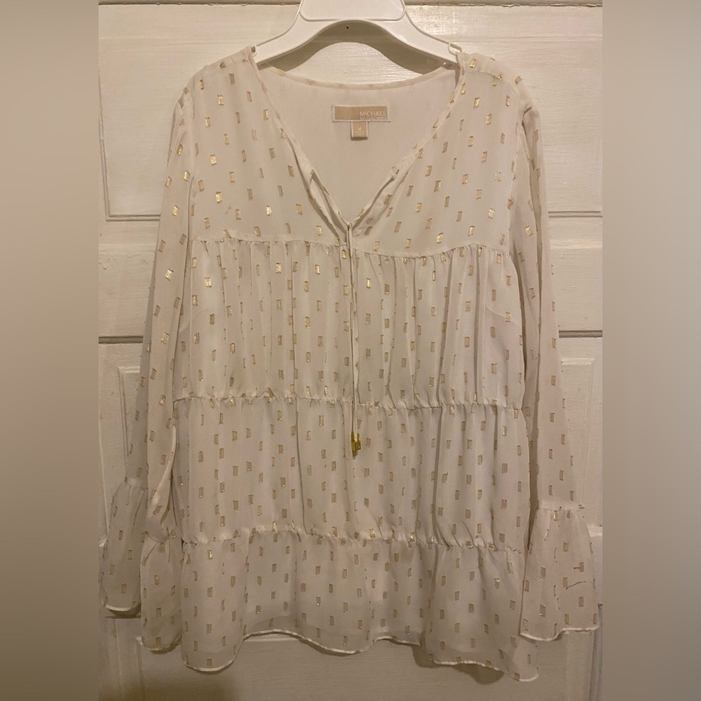 Micheal Kors Shirred Peasant Blouse w Metallic Detail